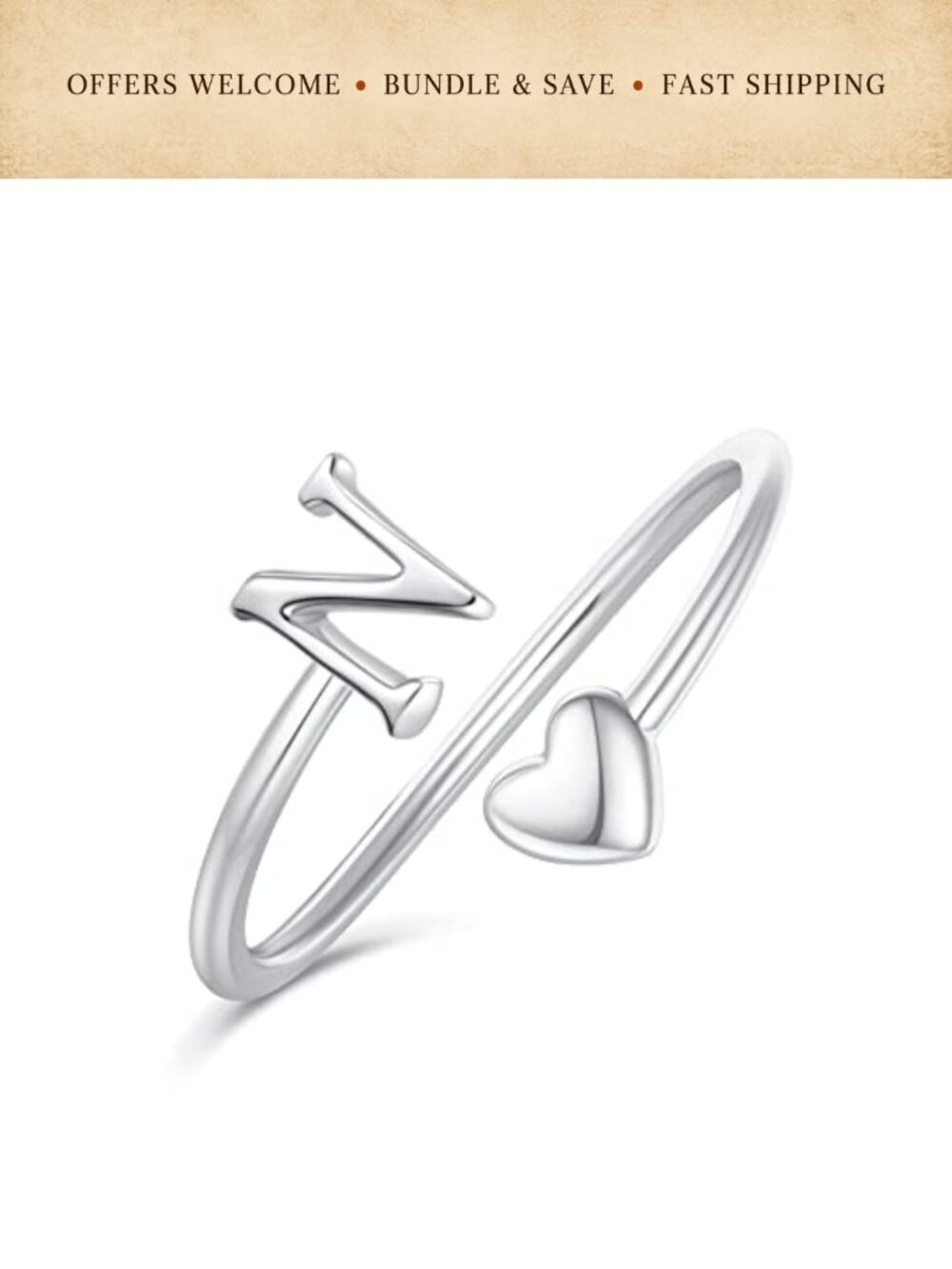 Heart Initial Rings Gold Plated Adjustable Stackable Women Teen Girls
